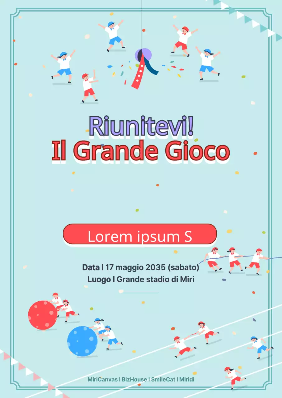 Promuovete eventi sportivi con un simpatico concetto che presenta illustrazioni di bambini che praticano vari sport in blu.