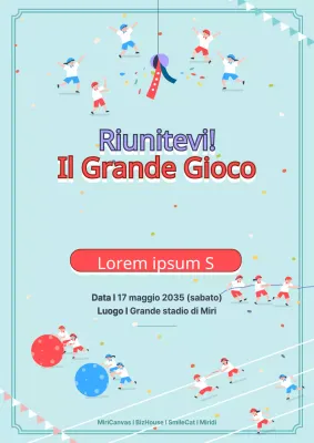 Promuovete eventi sportivi con un simpatico concetto che presenta illustrazioni di bambini che praticano vari sport in blu.