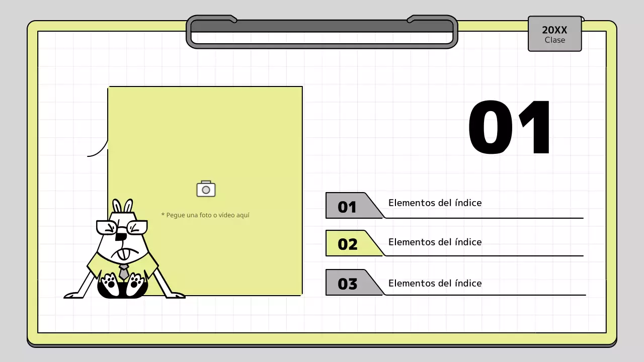 Kit de presentación educativa con concepto de portapapeles en cal y blanco