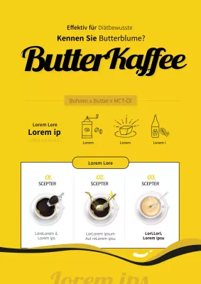Ein einfaches, gelbes Plakat, das für ein Rezept für Butterkaffee wirbt
