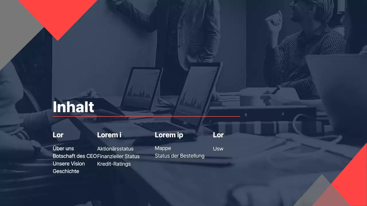 Corporate Briefing eines Bauunternehmens für Investitionen mit einem klaren Farbschema in Marineblau und Rot als Akzent