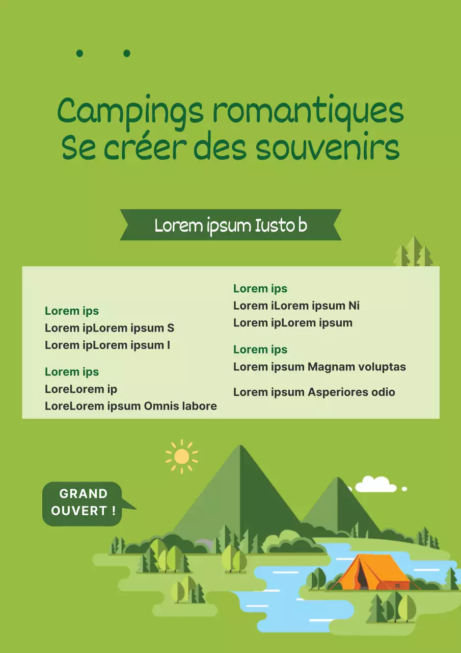 Promouvoir l'ouverture d'un camping propre avec des illustrations de tentes et de nature verte
