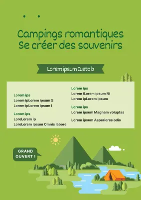 Promouvoir l'ouverture d'un camping propre avec des illustrations de tentes et de nature verte