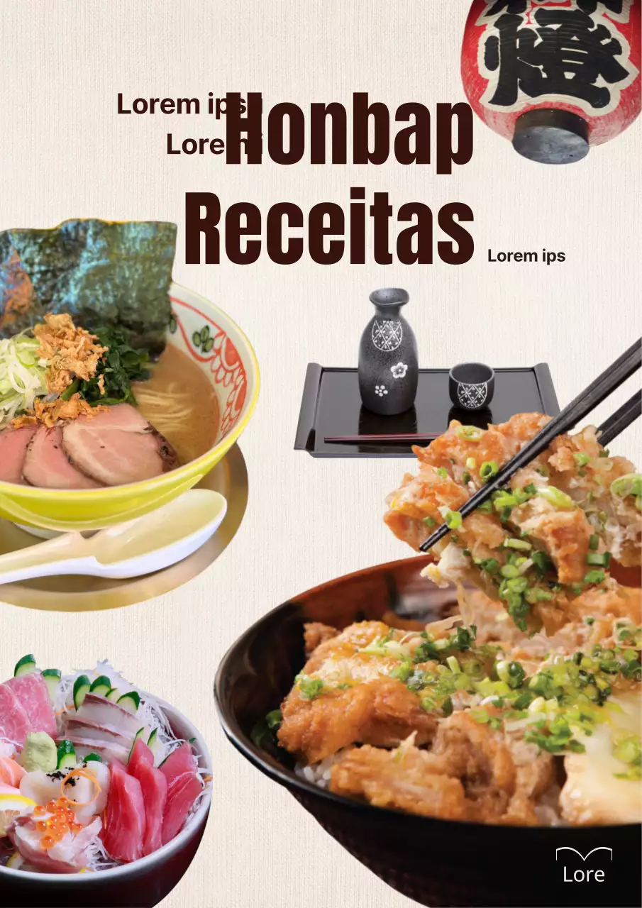 Capa de receitas japonesas Honbap com fotografia de alimentos bege e moderna