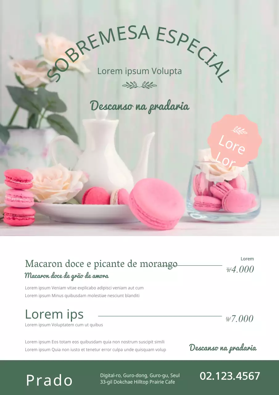 Promover um menu de uma loja de sobremesas com fotografias de sobremesas decadentes em verde e cor-de-rosa