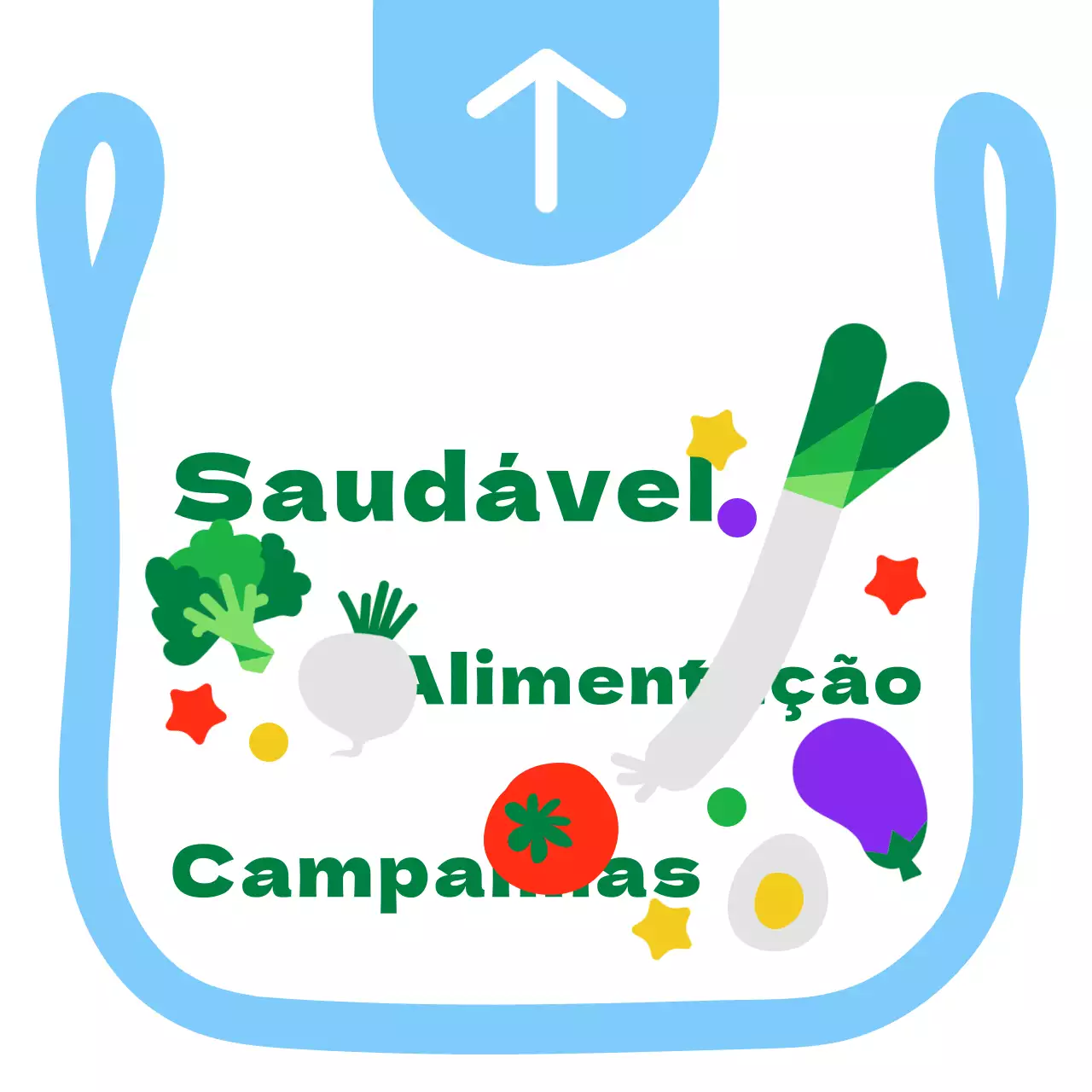 Saco de plástico bonito e arrumado, ilustração de moldura estilo direcções para uma campanha alimentar em azul claro e verde.