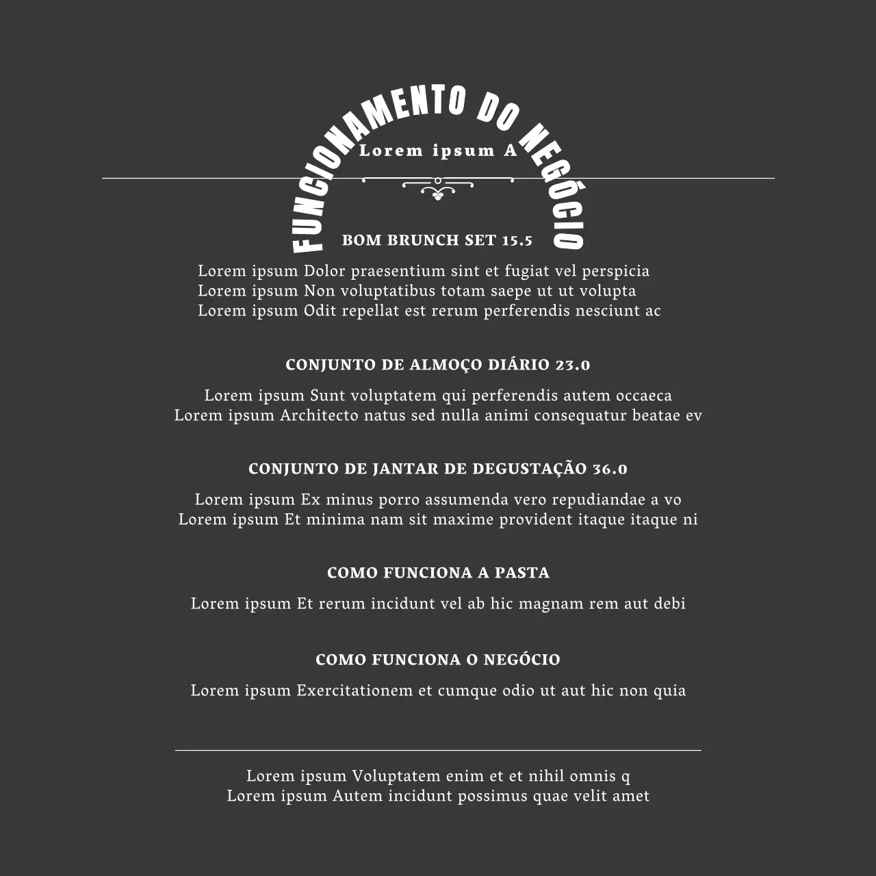 Um restaurante de conceito simples em preto e brancoPlaneamento de menus e preços