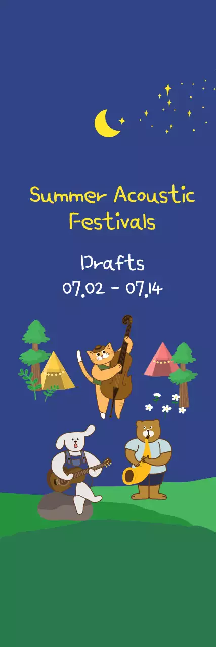 Cute illustration style in dark navy blue and yellow to inform and promote a summer acoustic festival.