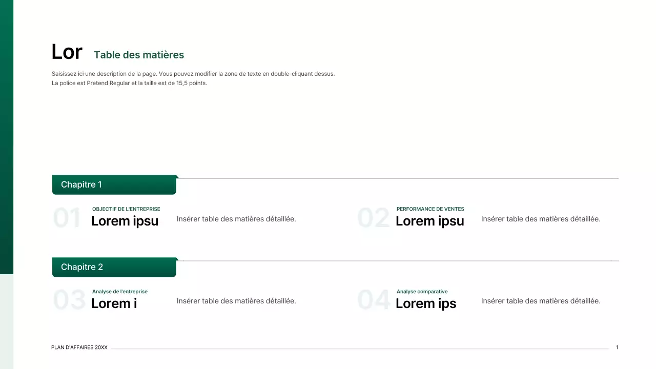 Kit de présentation d'un plan d'affaires avec un concept d'index dégradé en vert