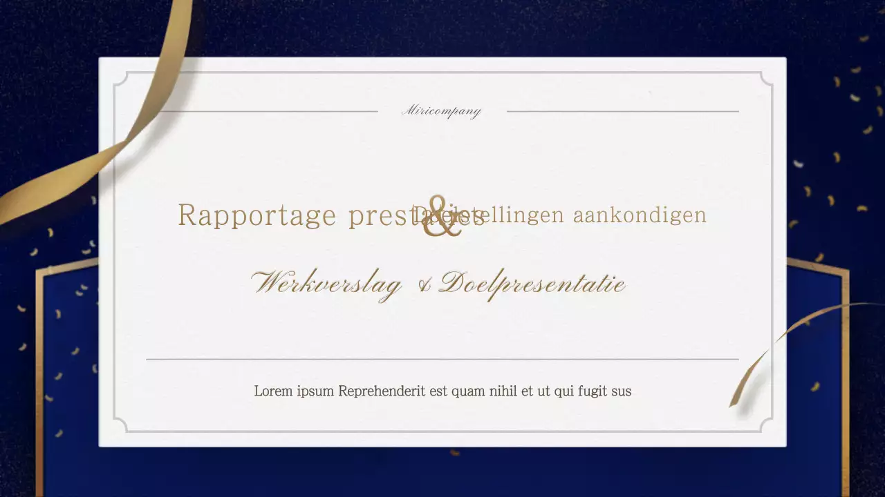 Een uitnodiging in goud en marine voor een eindejaarsfeest met een ceremoniële orde van dienst