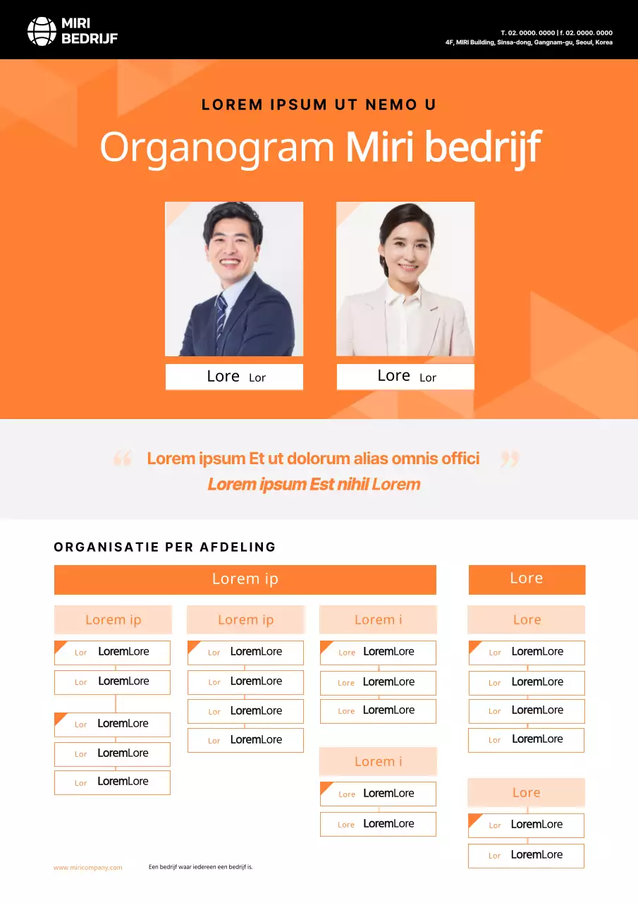 Zwart en oranje organigram van het bedrijf