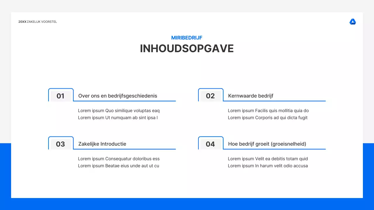 Strakke, intuïtieve presentatiekit voor zakelijke voorstellen in blauw en lichtgrijs