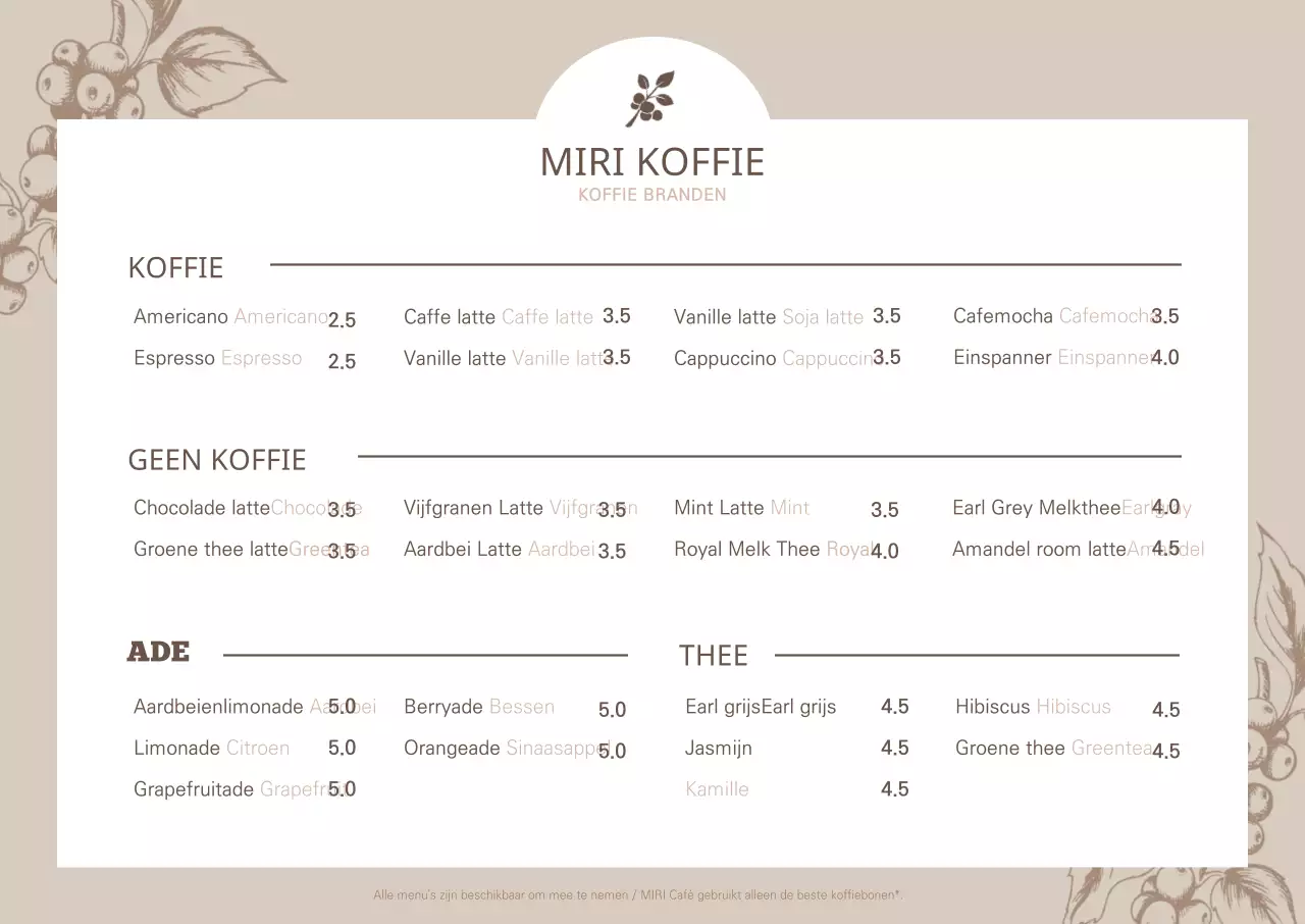 Bruine botanische illustratie café menu horizontale poster