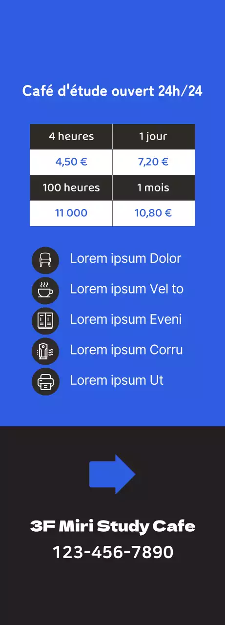 Promouvoir un café d'étude propre avec l'illustration d'un étudiant en train d'étudier sur un fond bleu.
