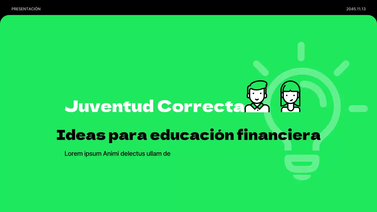 Presentación minimalista de la educación económica de los jóvenes en verde lima y negro