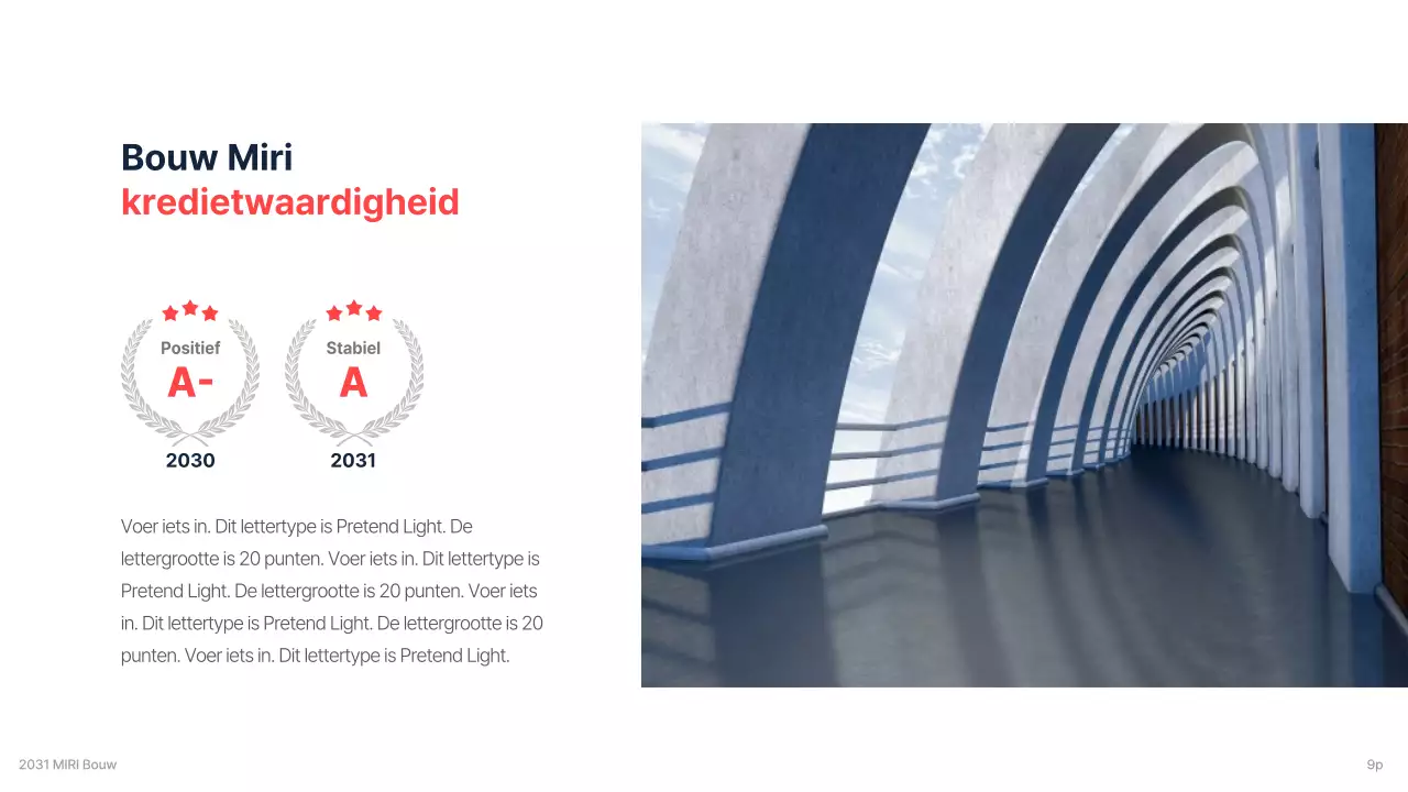 De zakelijke investeringsopdracht van een bouwbedrijf met een strak marineblauw en rood accentkleurenschema