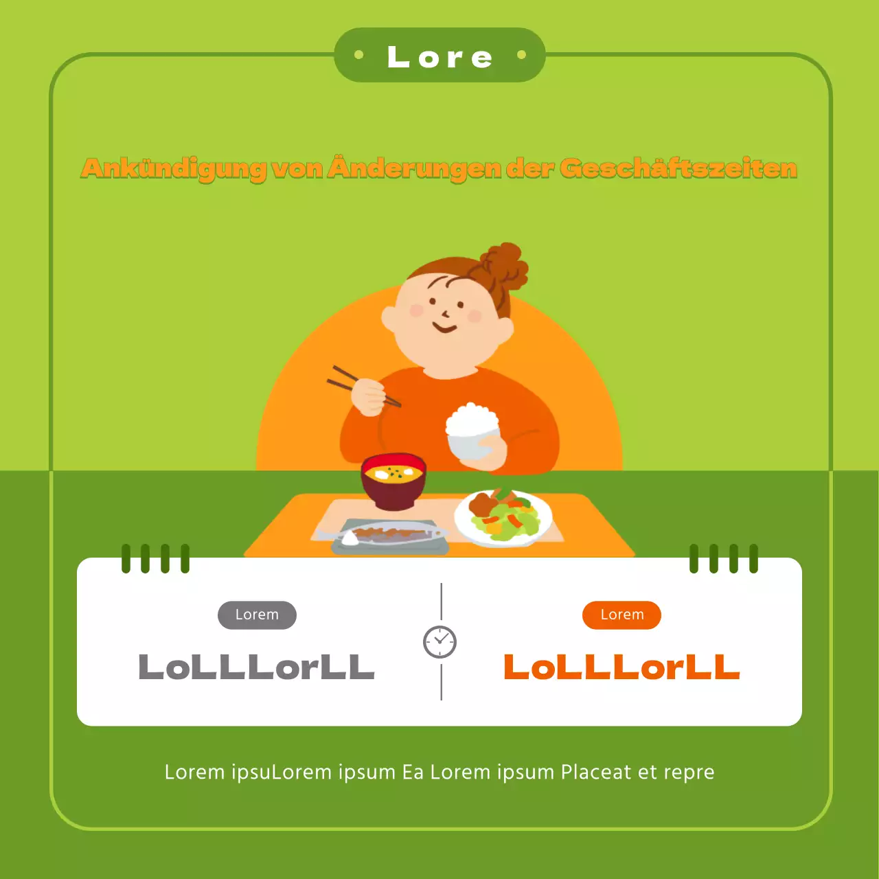 Geschäftszeiten Ankündigung Thema mit niedlichen Illustrationen in Chartreuse-Orange und einfachen runden Rahmen Konzept