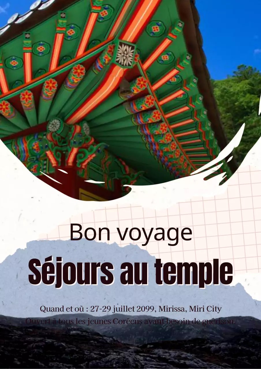 Une brochure de voyage épurée, en vert et blanc, inspirée des temples