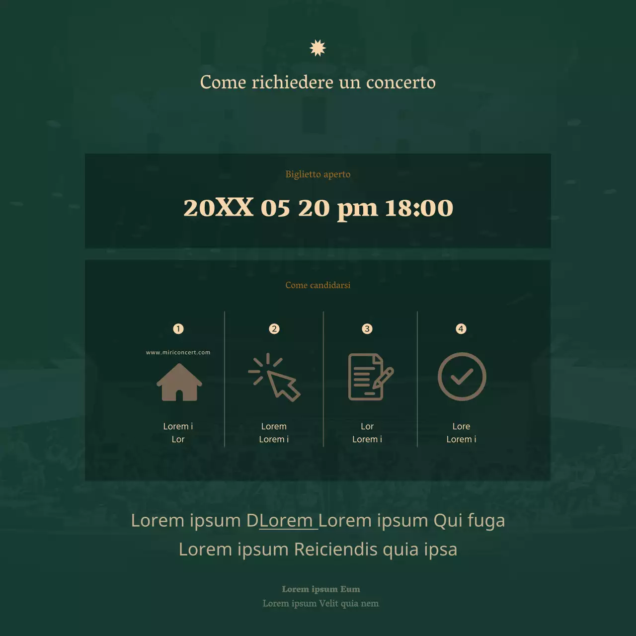 Un annuncio di concerto orchestrale pulito in un font serif con lussuose tonalità beige e verde scuro