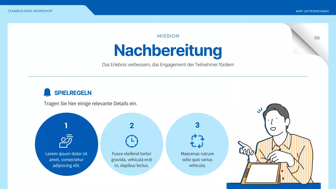 Workshop zur Teambildung mit Illustrationen in Blau und Gelb