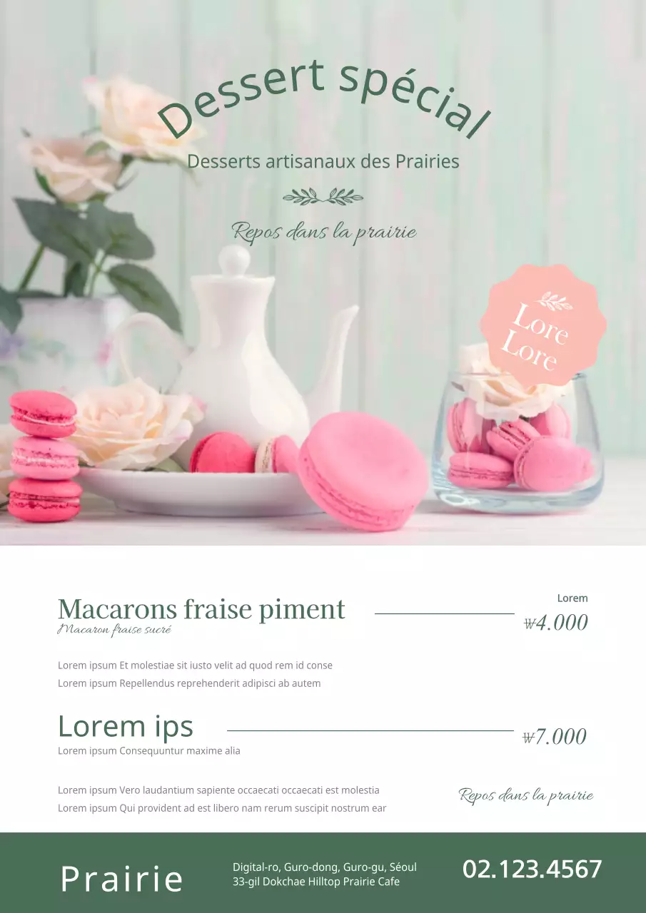 Promouvoir le menu d'un magasin de desserts avec des photos de desserts décadents dans des couleurs vertes et roses.