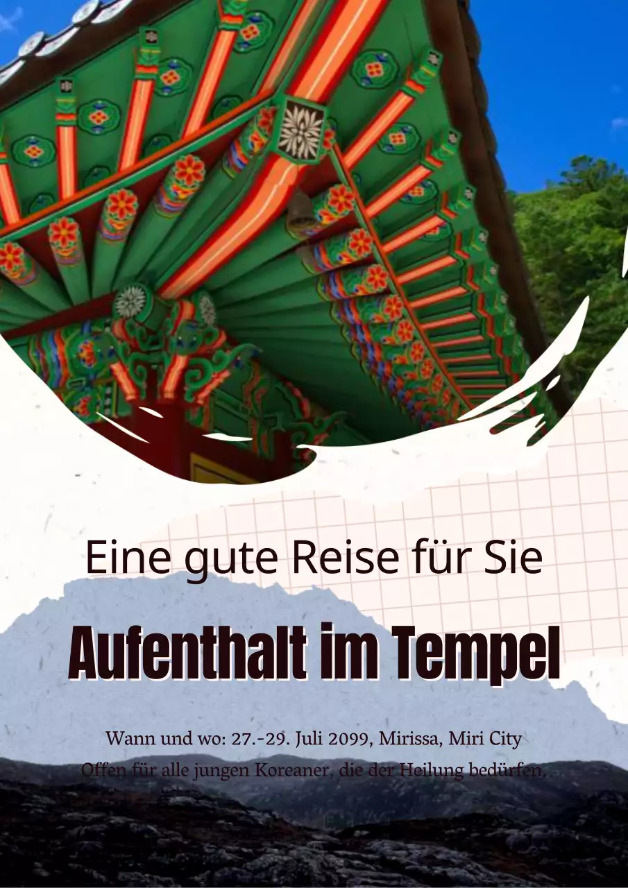 Eine klare, grün-weiße, von Tempeln inspirierte Reisebroschüre