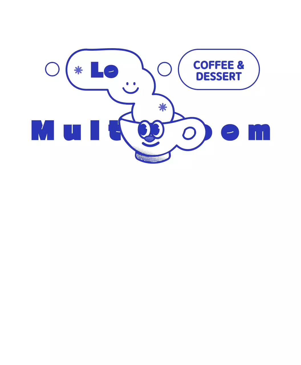 Gaya logo kedai kopi karakter cangkir kecil yang lucu dengan warna biru tua dan putih