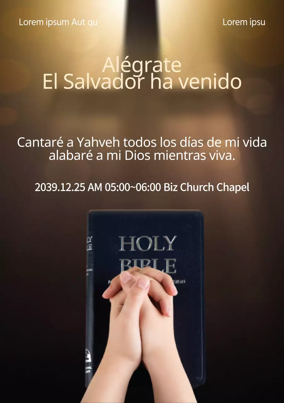 Promover un servicio navideño elegante con Biblias amarillas y fotos de gente rezando.