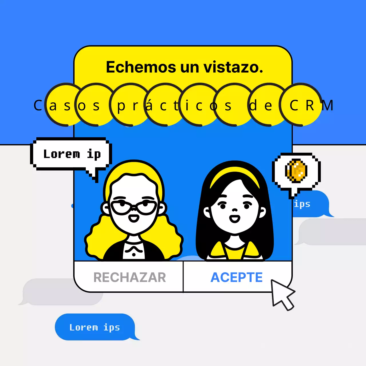 Aplicación de marketing CRM con personajes parlantes azules y amarillosPromoción push