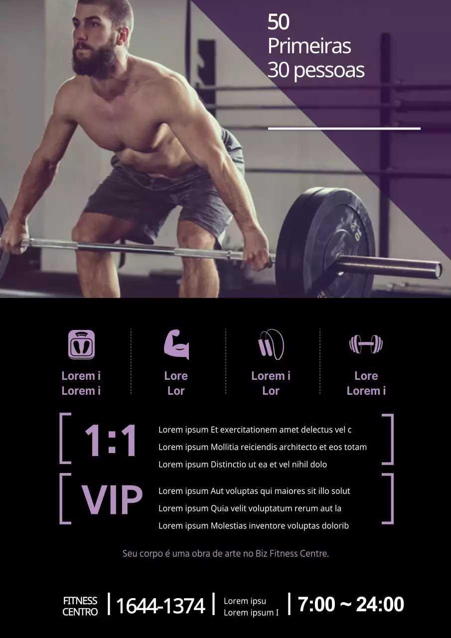 Promoção simples de desconto por ordem de chegada no ginásio com uma fotografia roxa de um homem a fazer exercício