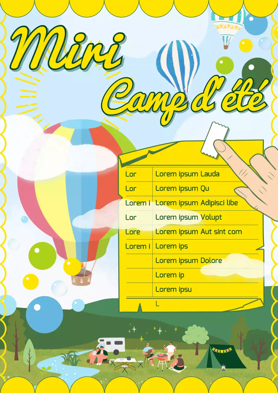 Prospectus de colonie de vacances avec bloc-notes jaune et illustrations