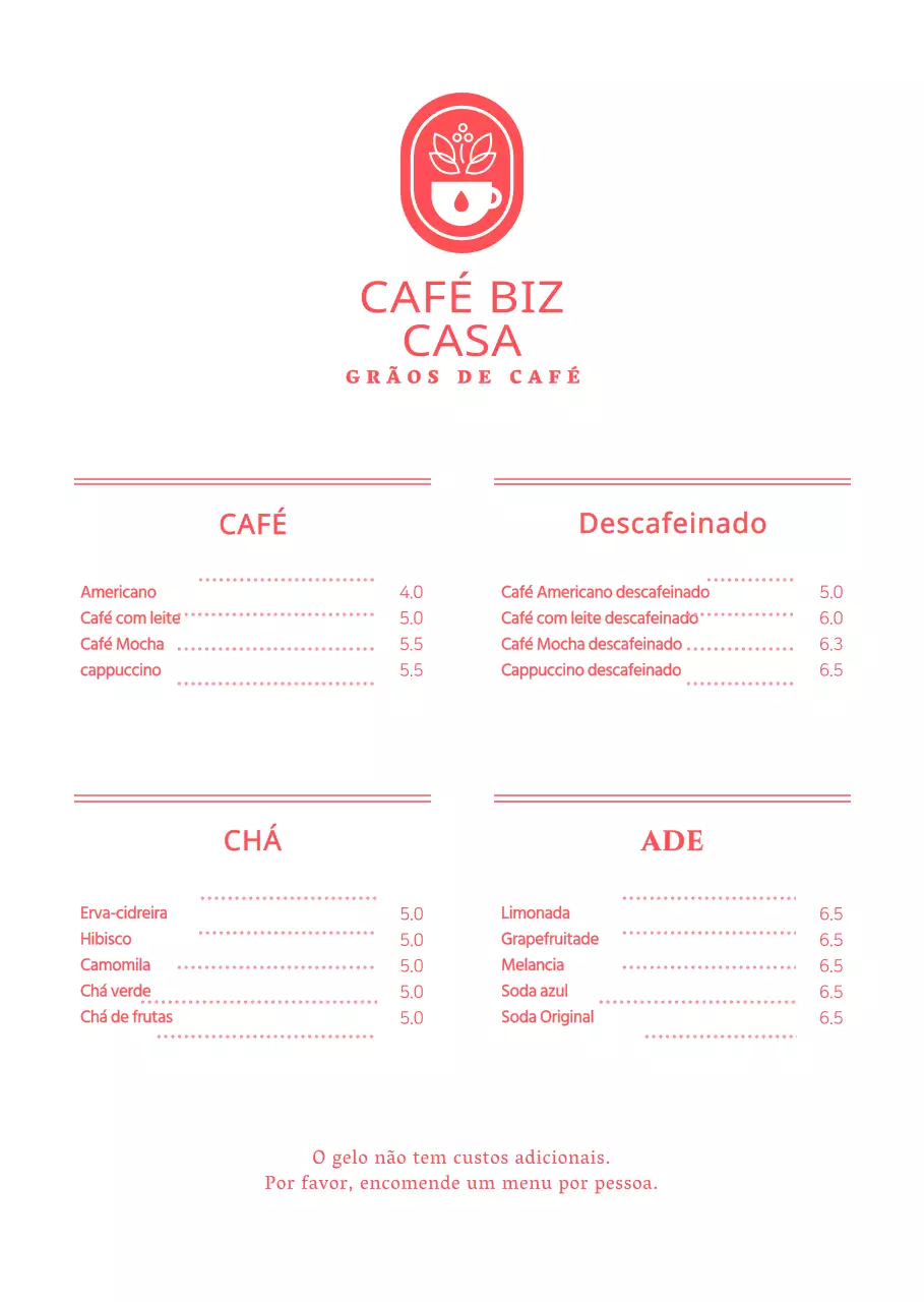 Preços das ementas para um conceito simples de café vermelho e branco