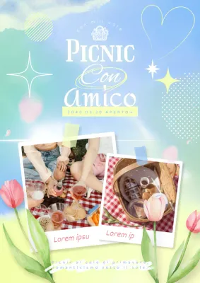 Annuncio di picnic luminoso a tema primaverile con colori azzurri e gialli