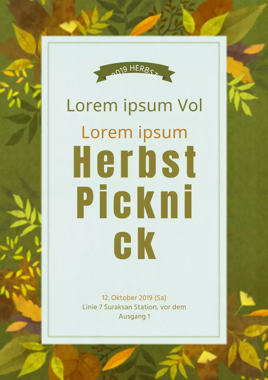 Ankündigung und Werbung für ein Herbstpicknick mit Illustrationen von verschiedenen grünen Blättern.