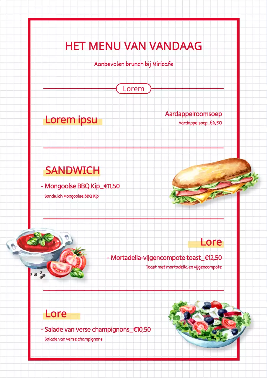 Geïllustreerd brunchmenu in rood