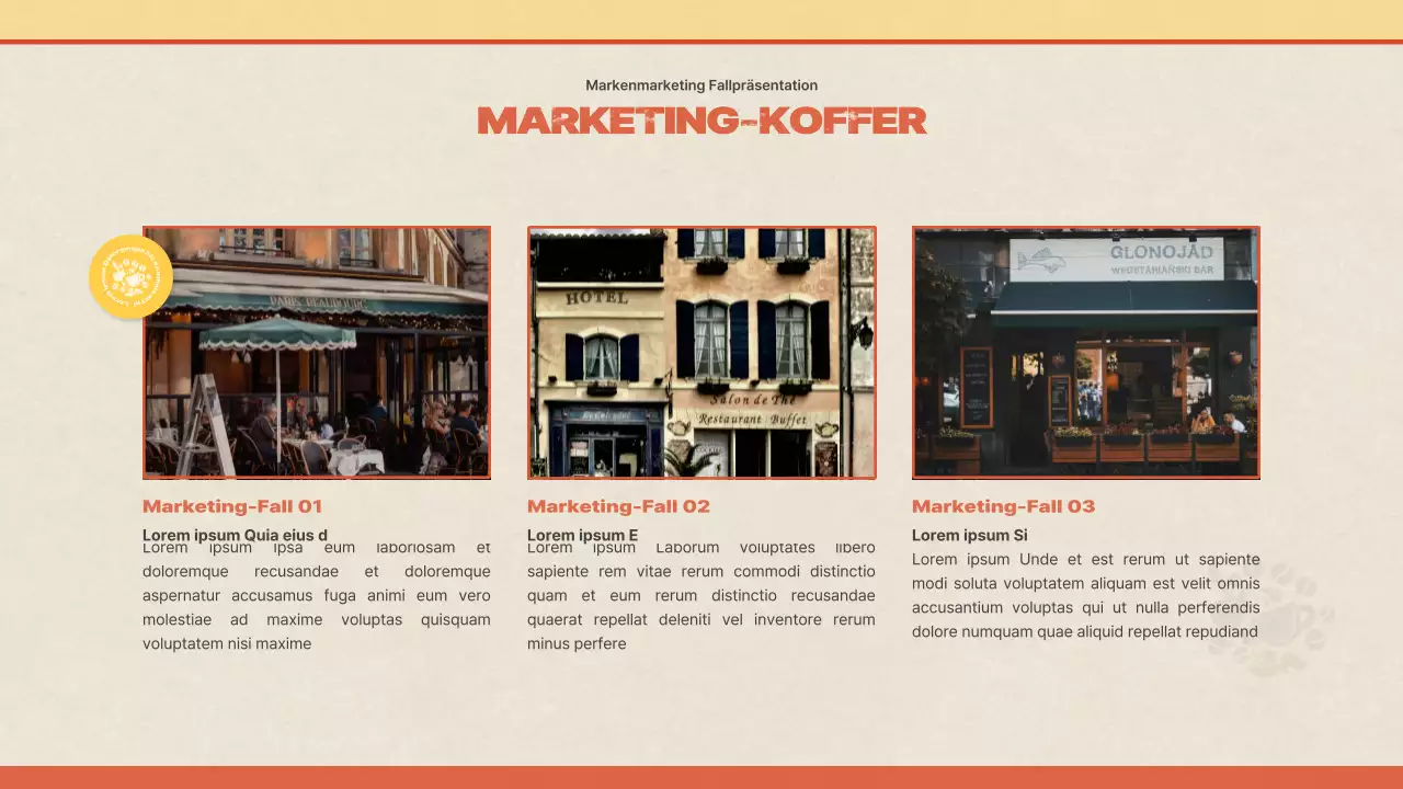 Präsentation einer Fallstudie über die Vermarktung einer Café-Marke mit einem alten, bunten und gelben Konzept