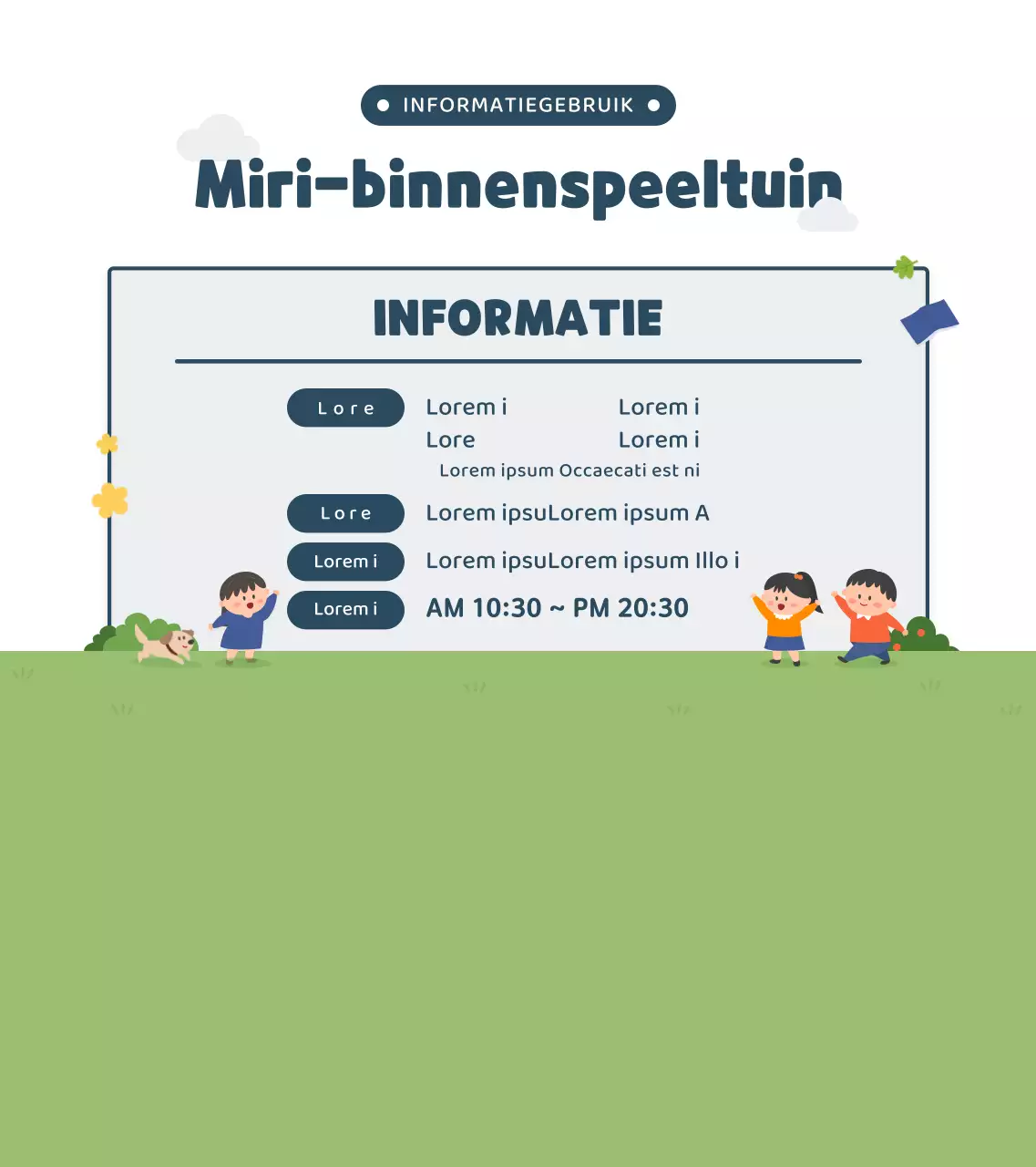 Schattige illustratiestijl in marineblauw en groen Informatie over binnenspeeltuinen