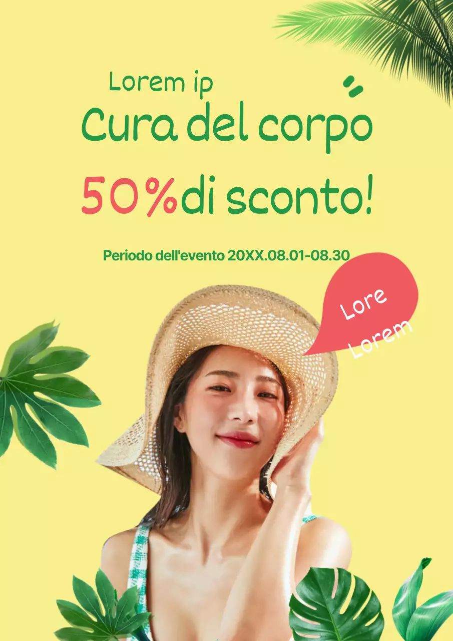 Promuovete un evento estivo di chirurgia plastica con la foto di una donna gialla e cool.