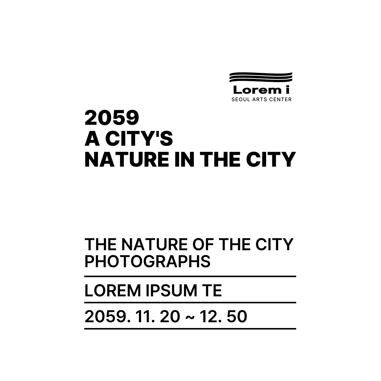 Gaya tata letak teks sederhana dalam warna hitam dengan informasi pameran foto