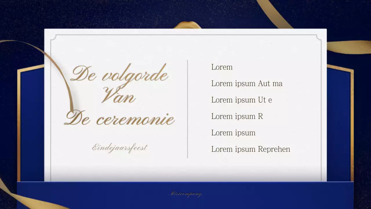 Een uitnodiging in goud en marine voor een eindejaarsfeest met een ceremoniële orde van dienst