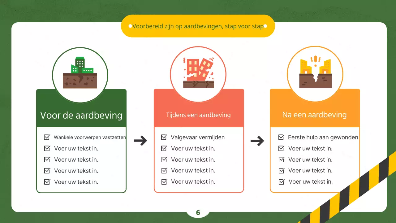 Veiligheidseducatie over aardbevingen en rampenparaatheid met behulp van illustraties op een geel en groen krijtbordconcept