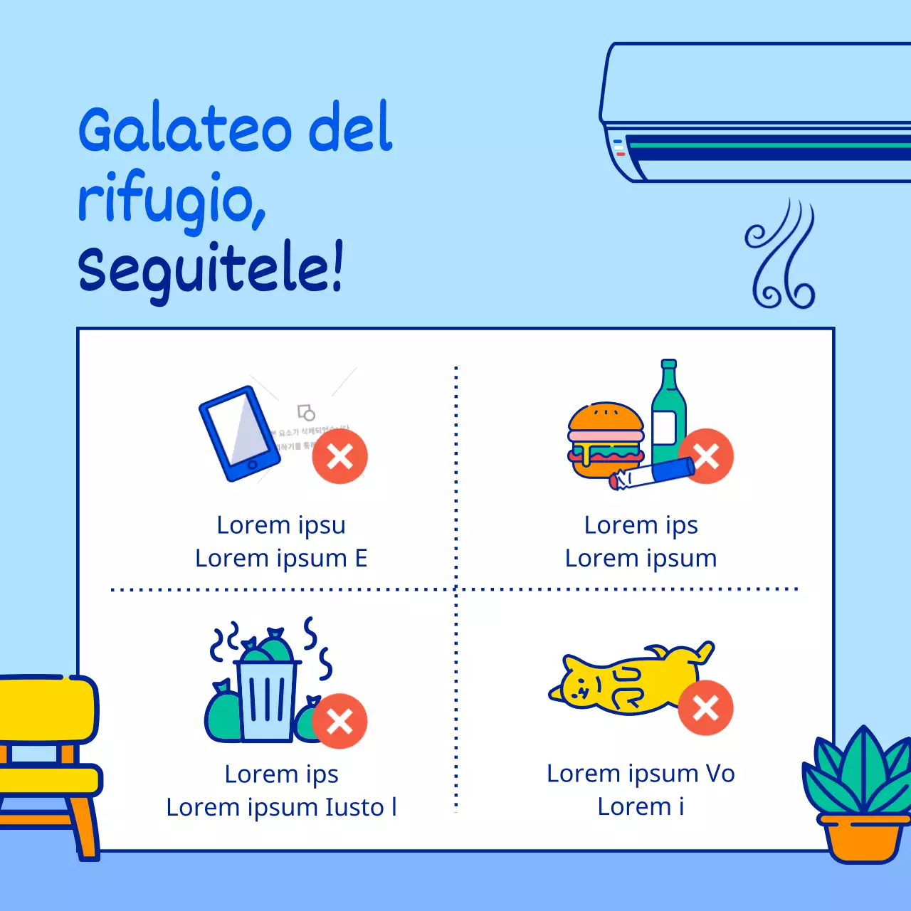 Programma di ricovero per le ondate di caldo estivo con illustrazioni di personaggi semplici e carini in azzurro e blu.