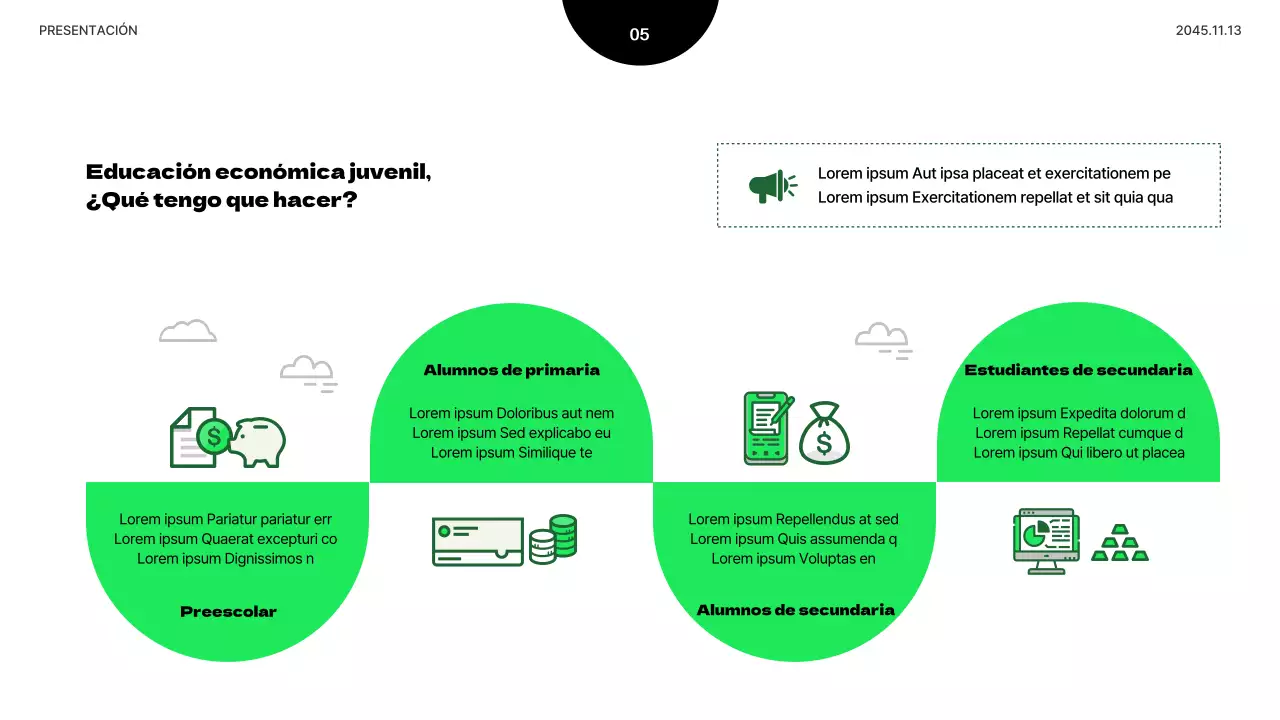 Presentación minimalista de la educación económica de los jóvenes en verde lima y negro