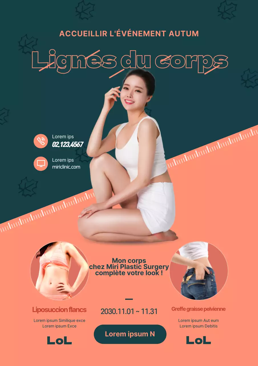 Faites la promotion d'un événement saisonnier de chirurgie plastique avec la photo d'une femme en vert et orange.