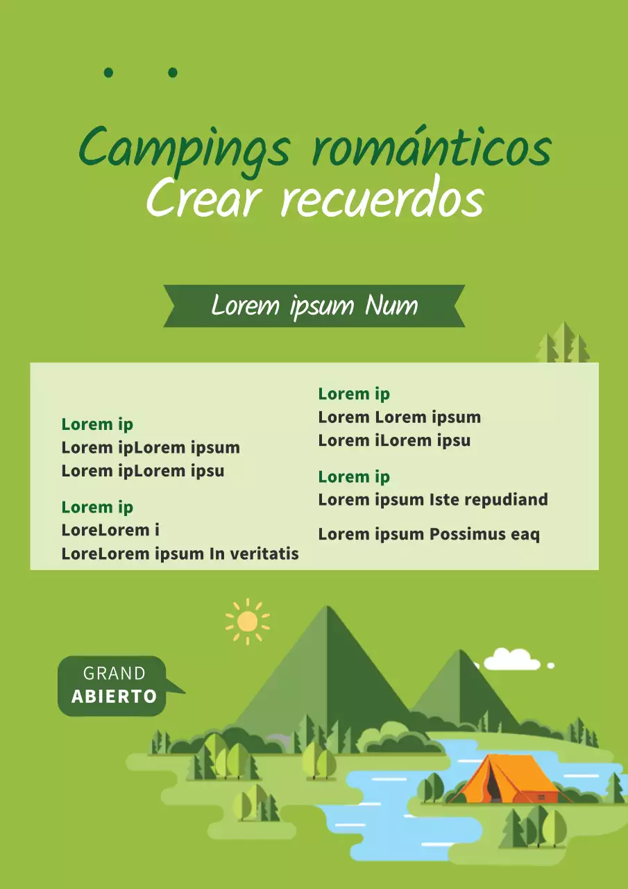 Promover la apertura de un camping limpio con naturaleza verde e ilustraciones de tiendas de campaña