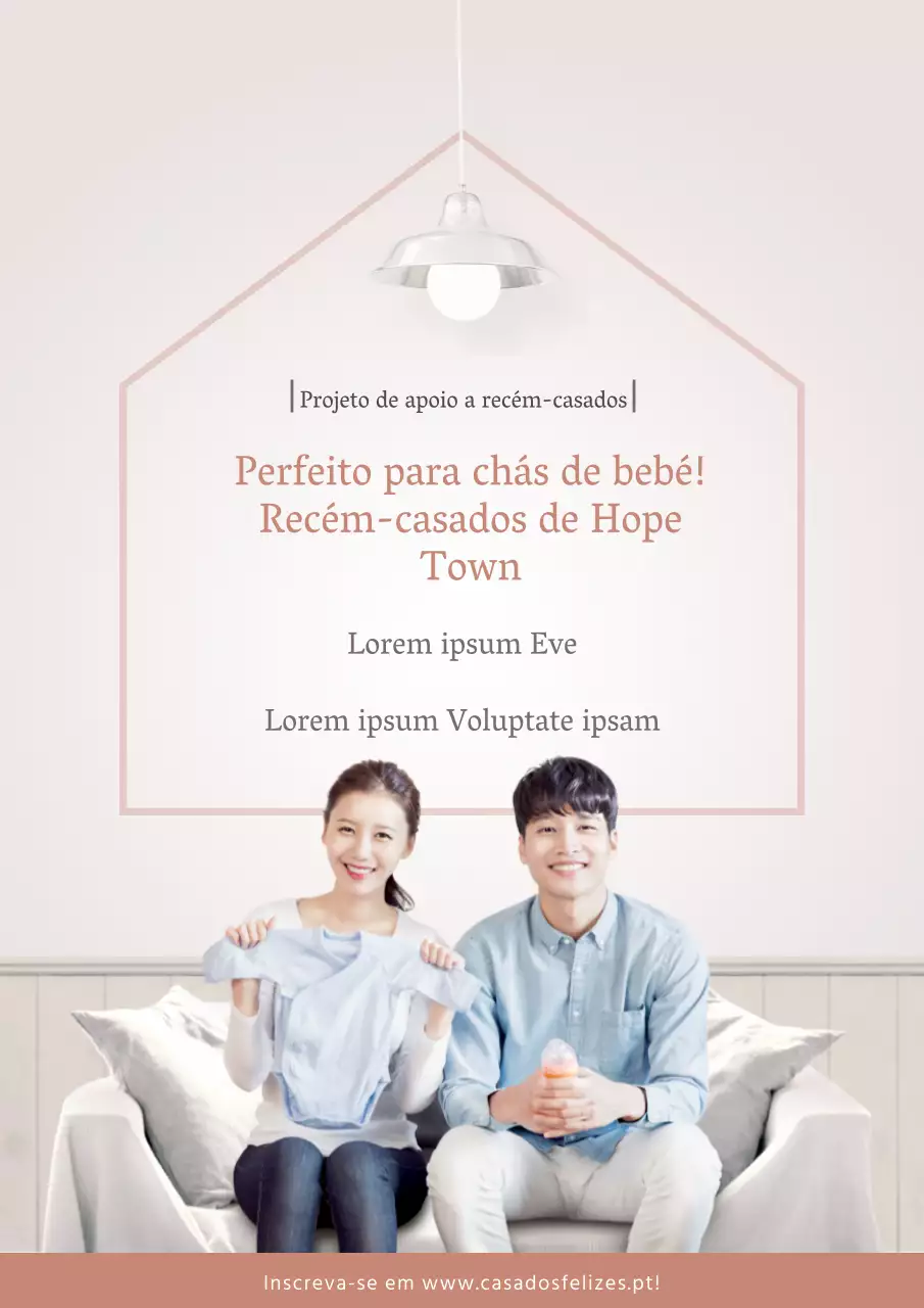 Promover os serviços públicos de apoio na unidade dos recém-casados com uma fotografia dos recém-casados em cor-de-rosa e azul.