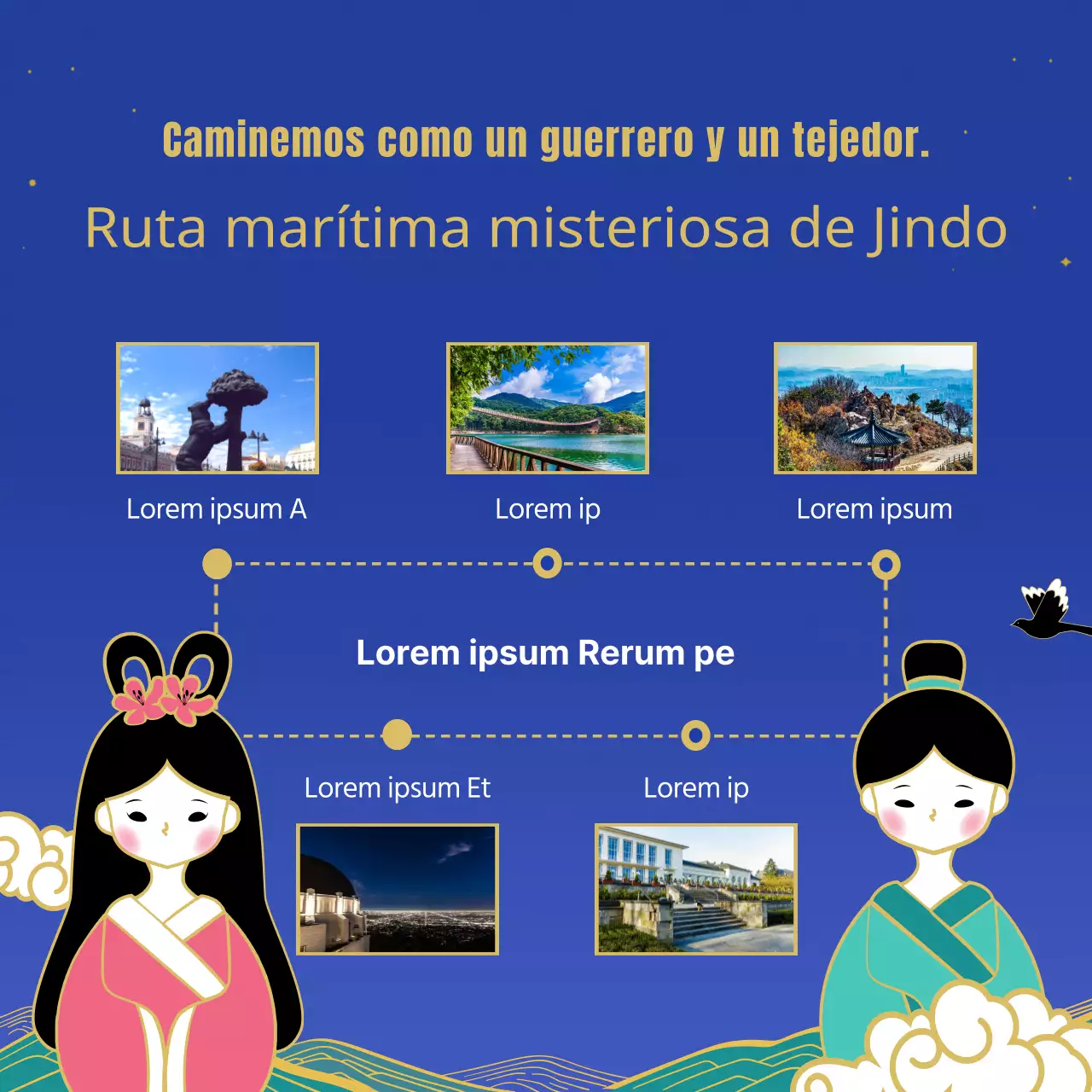 Recorridos temáticos del Año Jubilar del Perro y las constelaciones de Weaver con ilustraciones tradicionales y orientales en azul, turquesa y morado