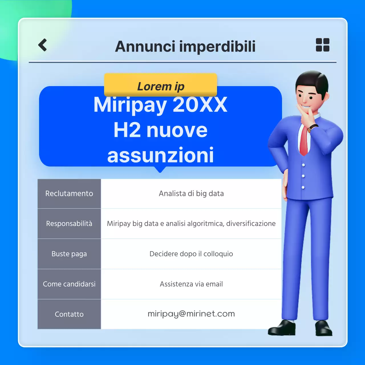 Elenco dei lavori consigliati per le aziende IT con concetto di app di glassmorfismo blu 3D
