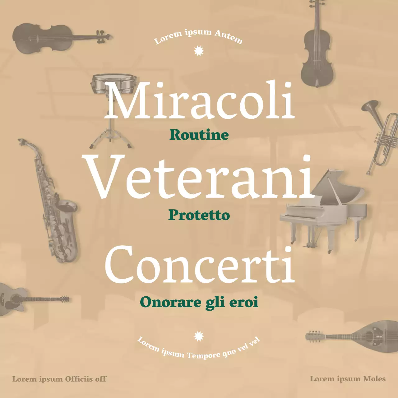 Un annuncio di concerto orchestrale pulito in un font serif con lussuose tonalità beige e verde scuro