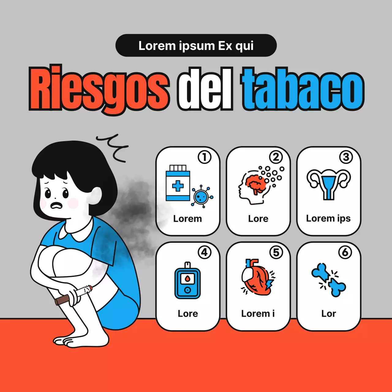 Sencillas y simpáticas ilustraciones en rojo, azul y gris sobre cómo dejar de fumar